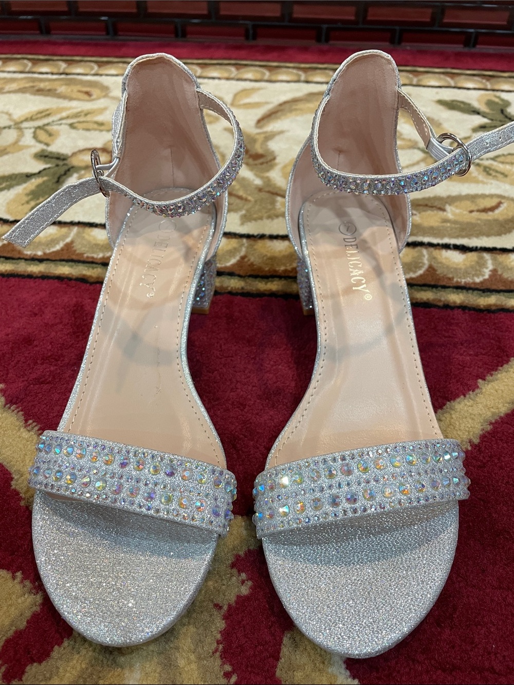 Delicacy Silver Crystal Ankle-Strap Block Heels